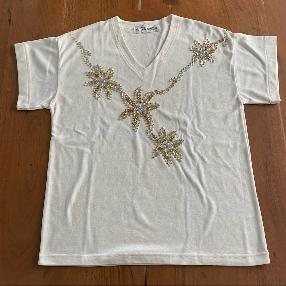 Victoria Harbour Vintage T-Shirt Floral Starfish Sequin White V Neck Top Size XL